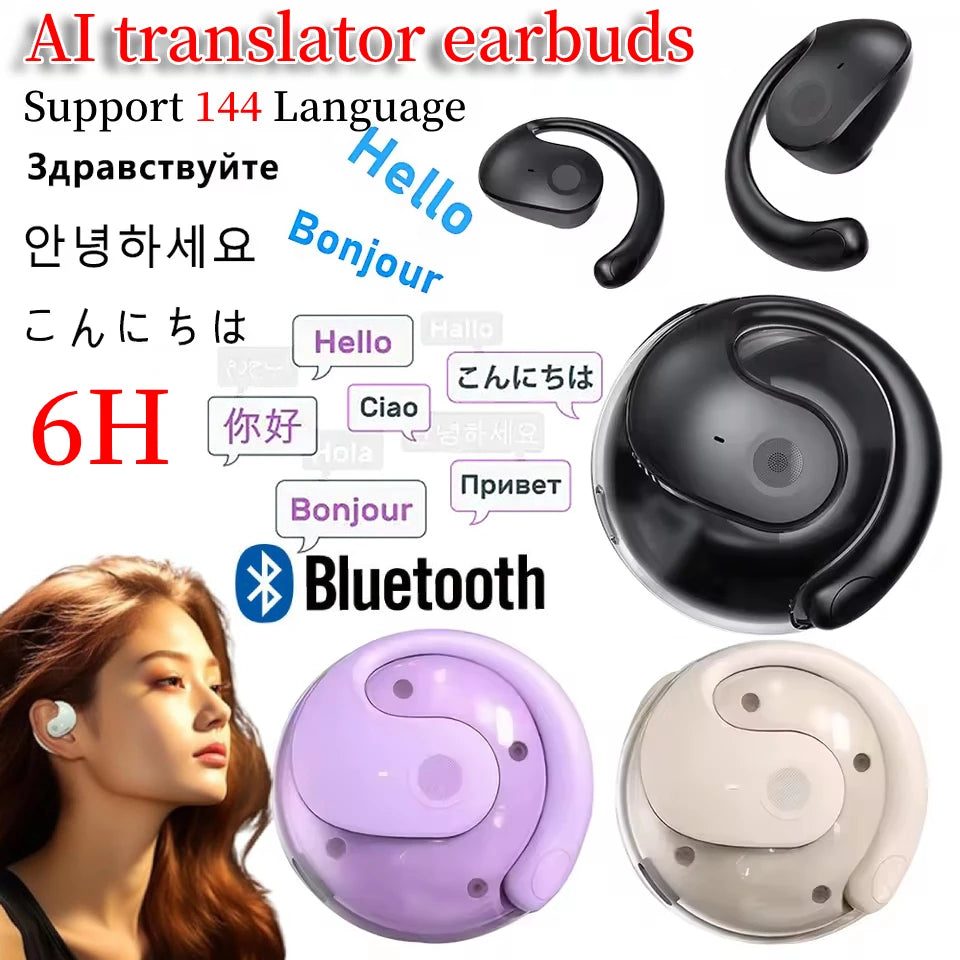 Wireless Bluetooth AI Real-time Language Translation Earphones 144 Languages Ear Hanging Headphone Translator for Travel Busine by MVEnergo