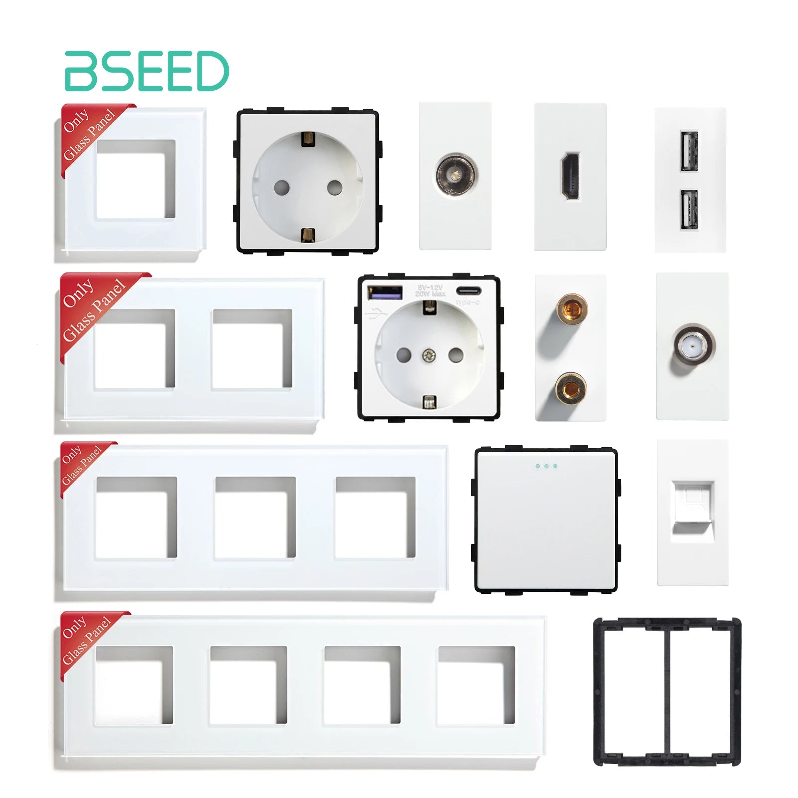 BSEED Glass Frames TV/ST/USB Socket Type-C EU Socket CAT5 RJ45 HDMI Socket Function Parts 1/2Way Mechanical Button Switches Part by MVEnergo