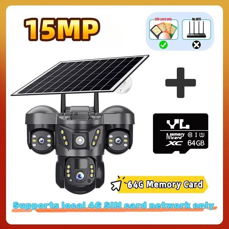 15MP 10X Zoom Triple Lens 4G Solar Camera Outdoor Triple Screen CCTV PIR Motion Detection Security Surveillance V380 Pro Camera by MVEnergo