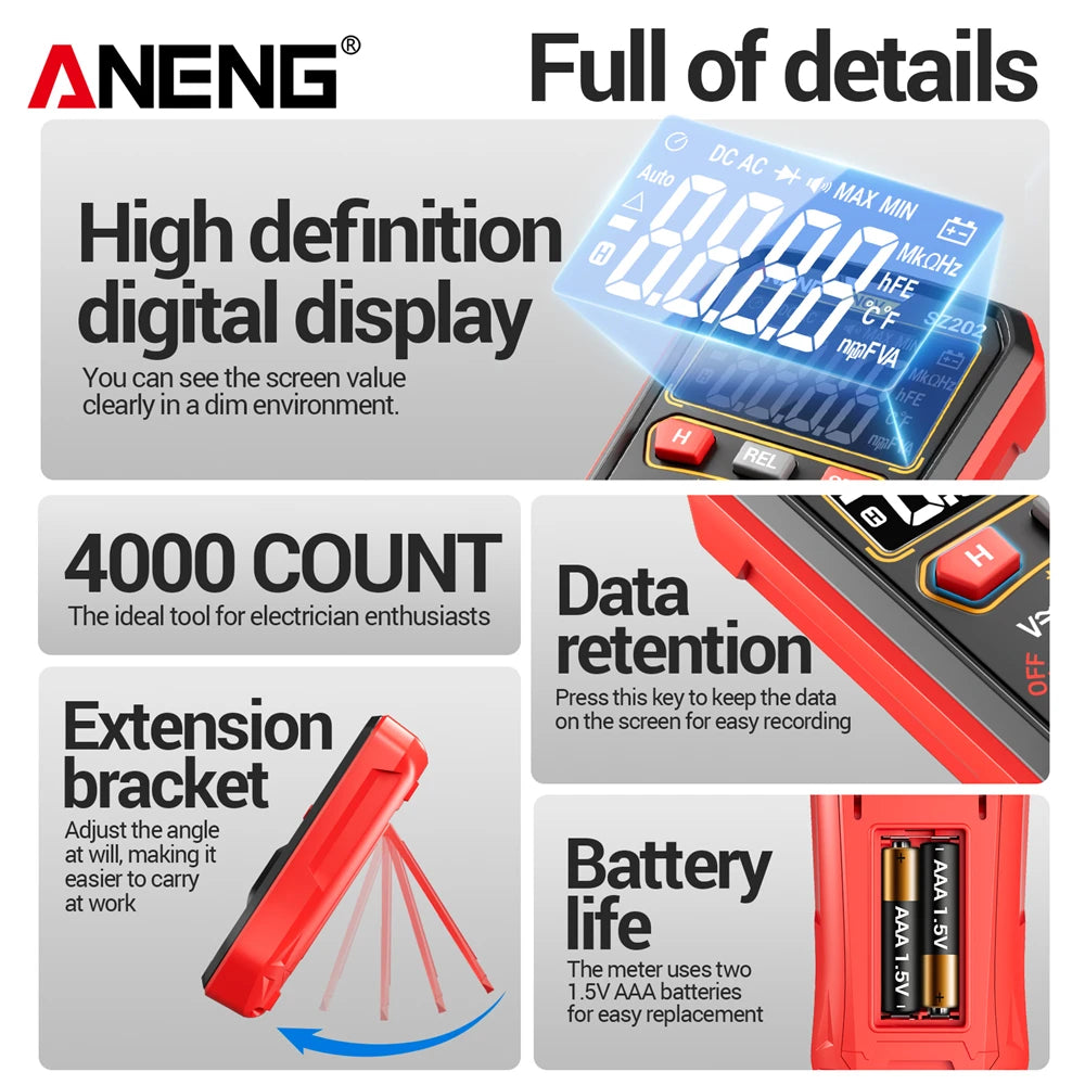 Multimeter 4000 Count 4mF Capacitor Tester ANENG SZ202 HD-Display 600V Electrician Repair Meter 10A mA Current NCV DIY Test Tool by MVEnergo