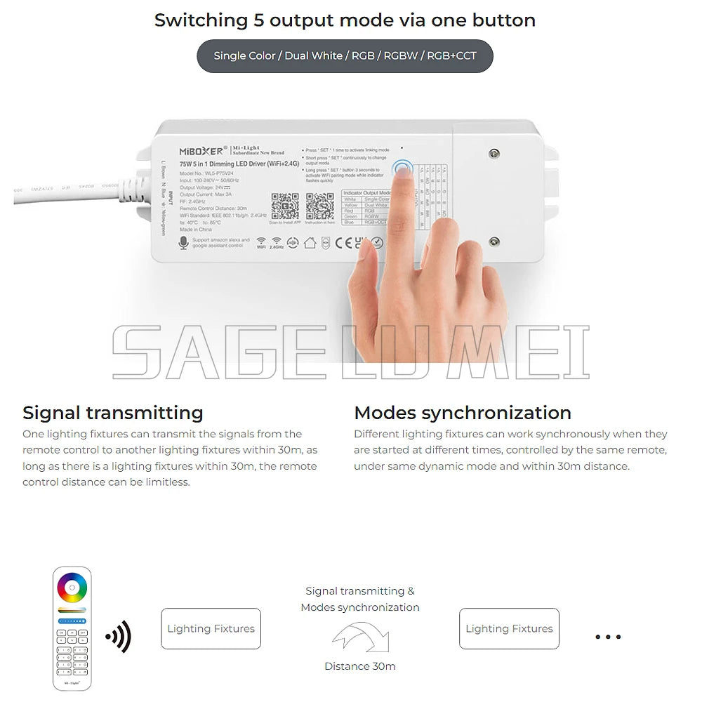 75W MiBoxer WL5-P75V24 5-in-1 Dimmer Tuya Smart 24V WiFi+2.4G Built-in Driver for Single/Dual White/RGB/RGBW/RGBCCT LED Strips