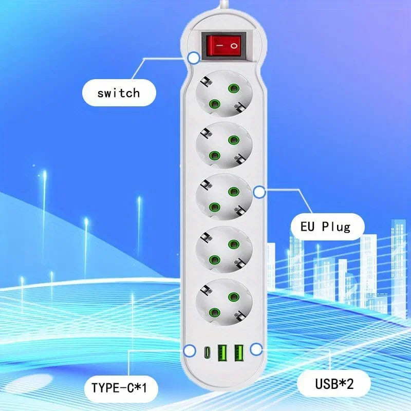 EU Plug Power Strip 2/3/4/5 Outlet Multitap Extension 10A with 2 USB 1 Type-C Ports 2m Cord Electrical Socket 2500W Fast Charge by MVEnergo