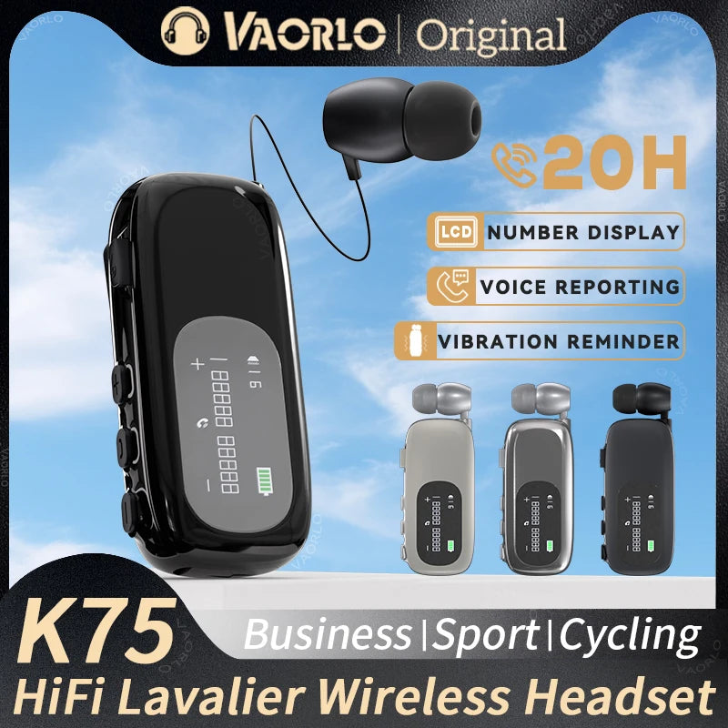 K75 Lavalier Business Bluetooth 5.4 Earphone Talk/Music 20H With Mic Noice Cancelling One-Click Photo LCD HIFI Wireless Headset by MVEnergo