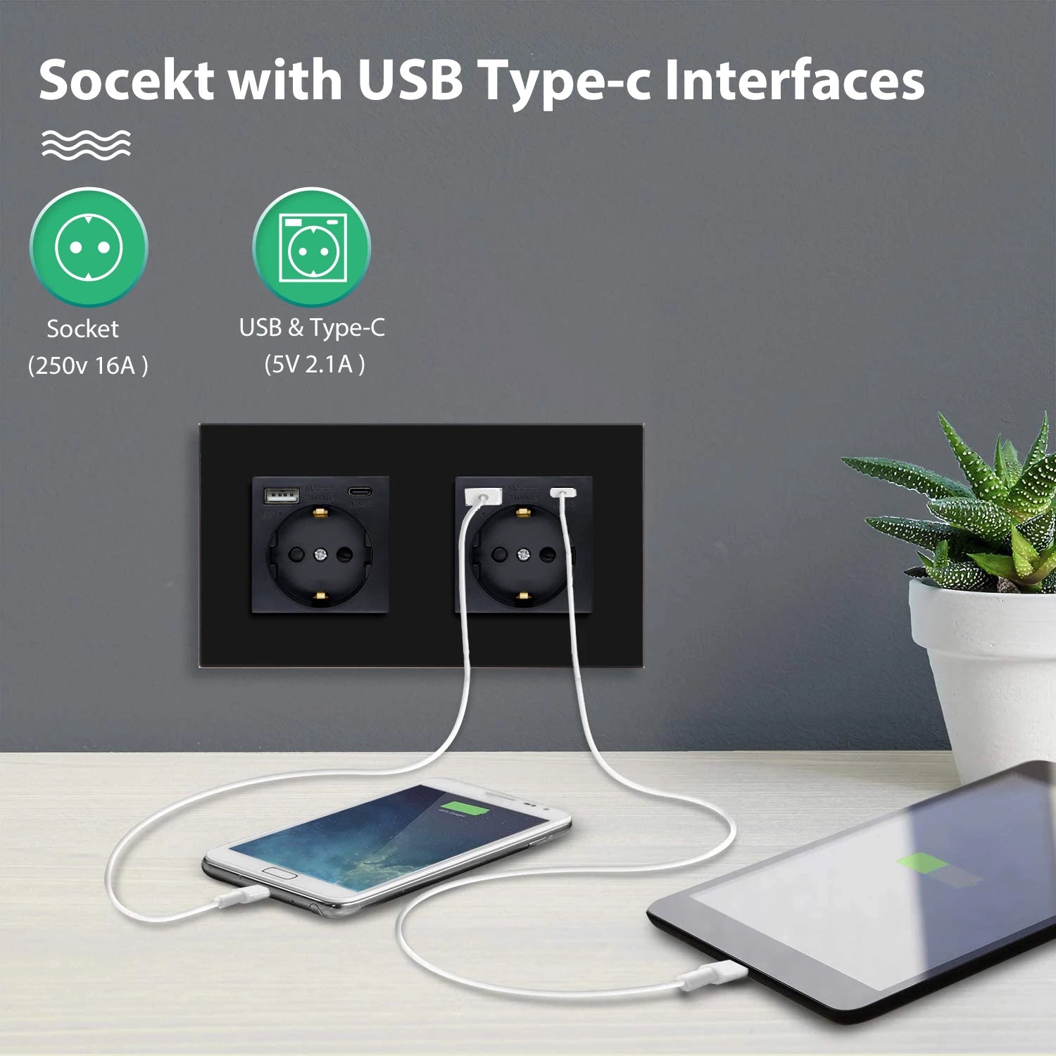 BSEED Single EU Glass Socket With USB Wall Sockets Double Electric Sockets Triple Power Outlets USB Type-C Ports Black 16A by MVEnergo
