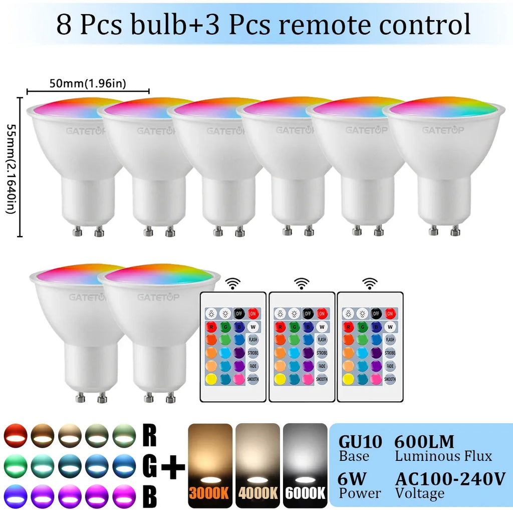 1-10PCS RGB GU10 LED Spotlight Bulb 24 Key Remote Control Dimmable 6W AC220V 110V Colorful Change for Bedroom Living Room Lamp by MVEnergo