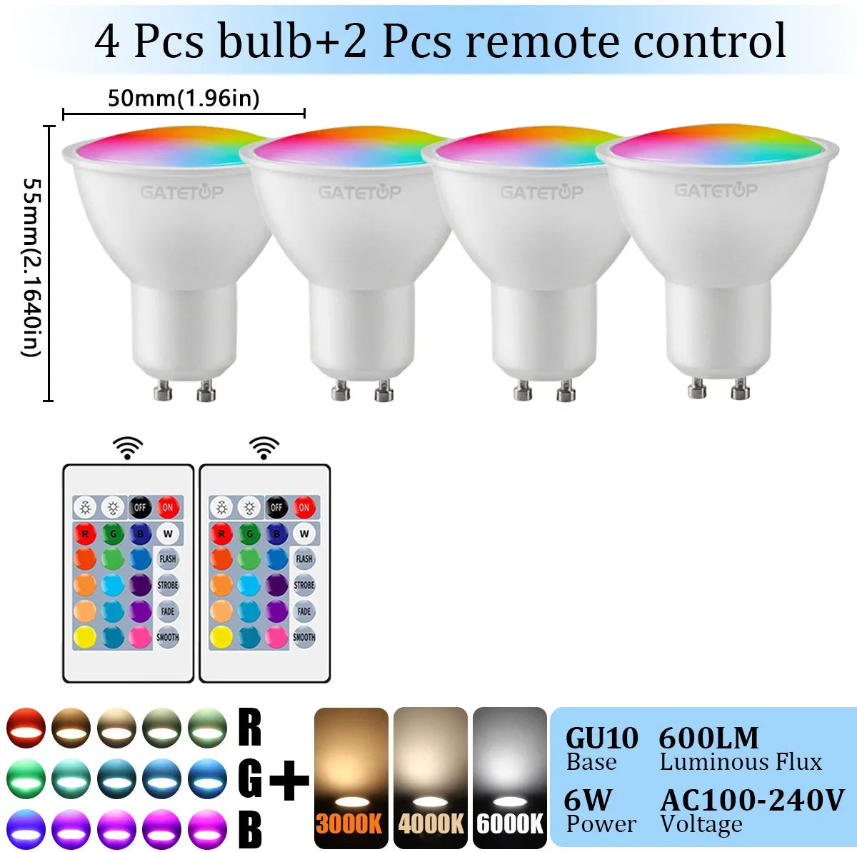 1-10PCS RGB GU10 LED Spotlight Bulb 24 Key Remote Control Dimmable 6W AC220V 110V Colorful Change for Bedroom Living Room Lamp by MVEnergo