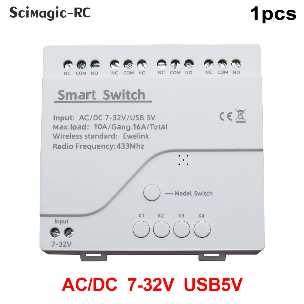 eWeLink Smart Remote Control Wifi Switch Module 4CH DC 12V 24V 32V 110V 220V Inching Self-locking RF433 Receive 4 Way Relay by MVEnergo