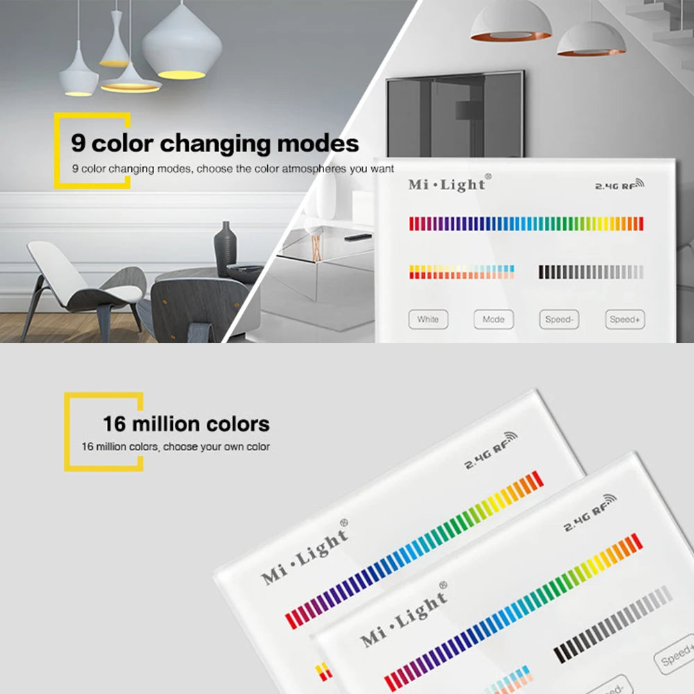 MiBoxer T4 AC100-240V 4-Zone 2.4GHz 86Touch RGB+CCT Panel Remote Switch Brightness adjustable Controller For LED Lamp/Strip/FCOB