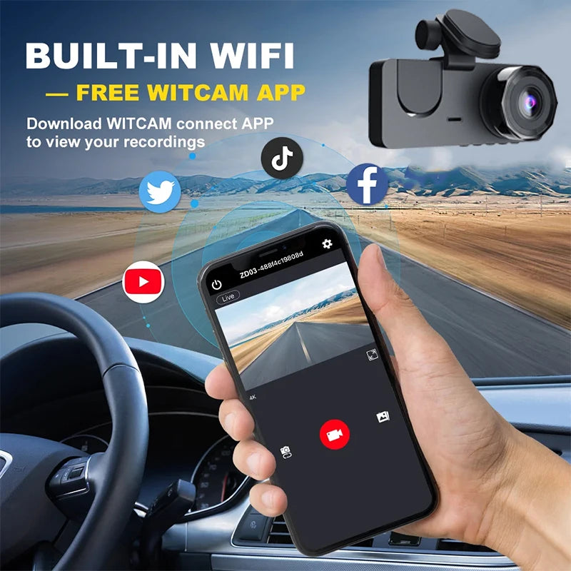 Triple Lens WiFi Dashcam 2/3 Channel Car Camera 1080P HD Video Recorder, Night Vision Car DVR with Wide Angle for Front and Rea by MVEnergo