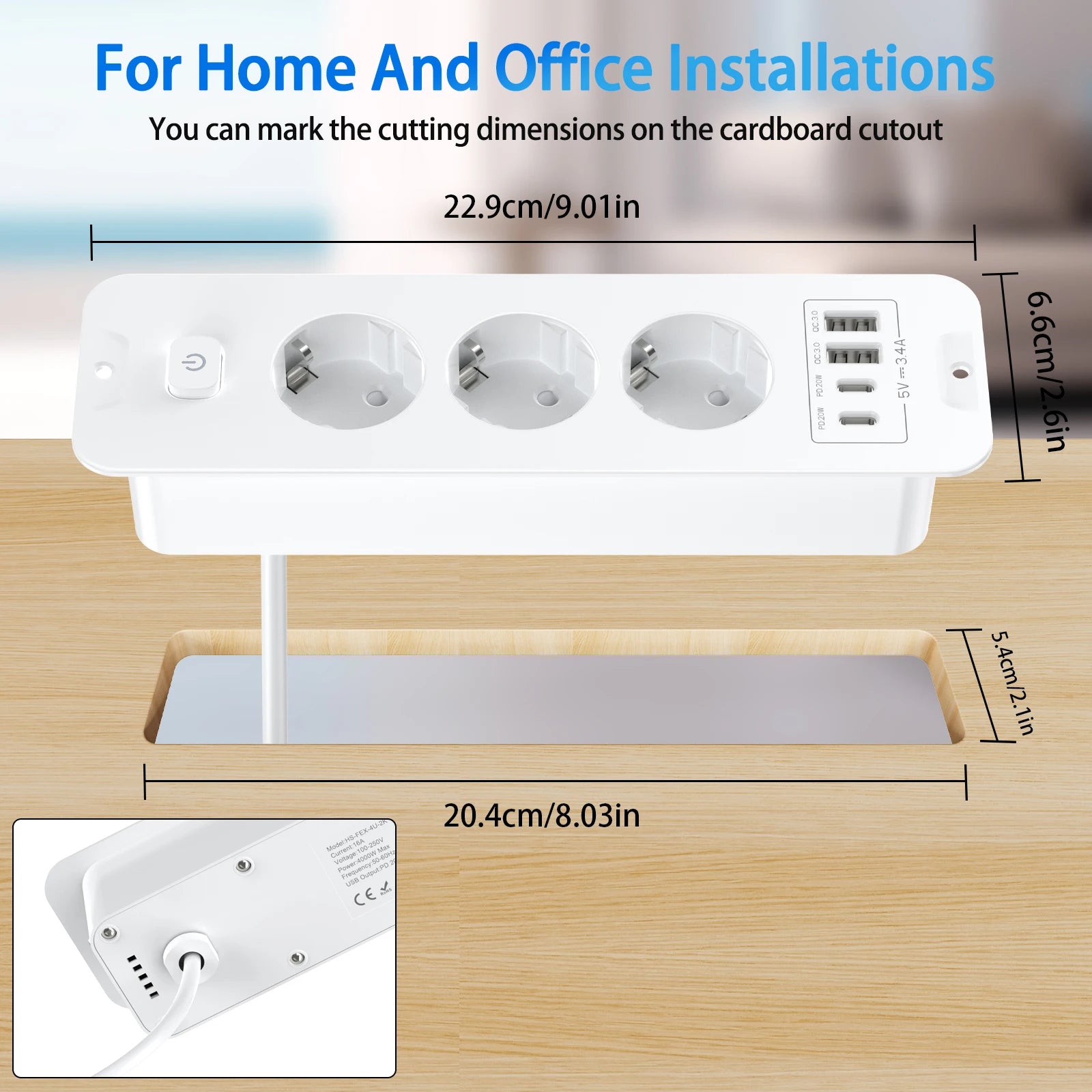 EU Built in Power Strip Desktop Recessed Socket with 2 USB 2 Type C Fast charge, Multi-Contact Outlet with 2M Extension Cable by MVEnergo