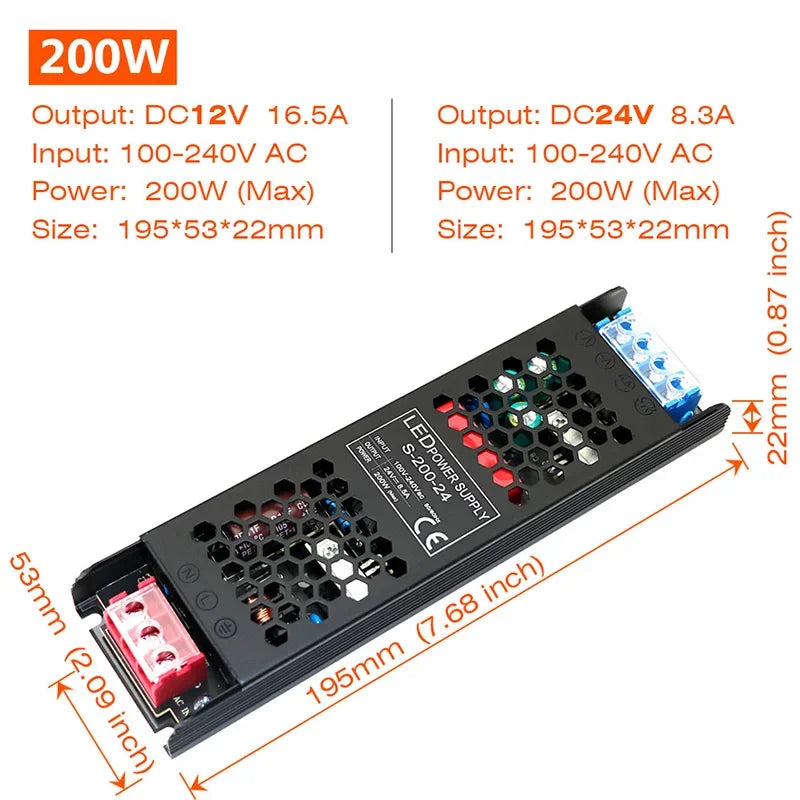 Ultra Thin Driver For LED Strips Constant Voltage Power Supply DC 12V / 24V Lighting Transformers 60W 100W 150W 200W 300W 400W