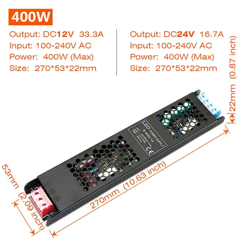 Ultra Thin Driver For LED Strips Constant Voltage Power Supply DC 12V / 24V Lighting Transformers 60W 100W 150W 200W 300W 400W