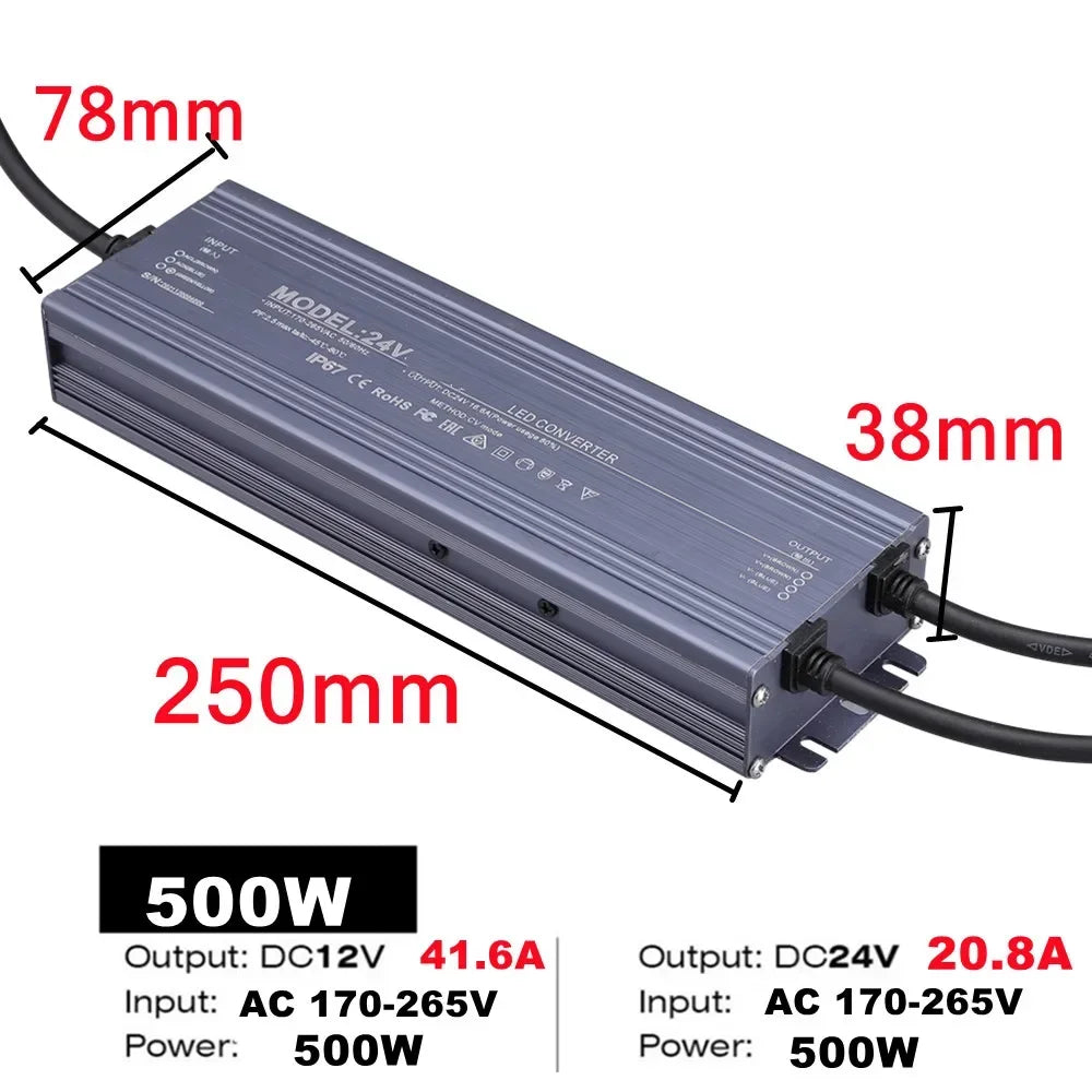Lighting Transformer Waterproof Power Supply IP67 IP68 AC220V To DC 12V 24V LED Driver 100W 200W 300W 400W 500W Outdoor Adapter by MVEnergo