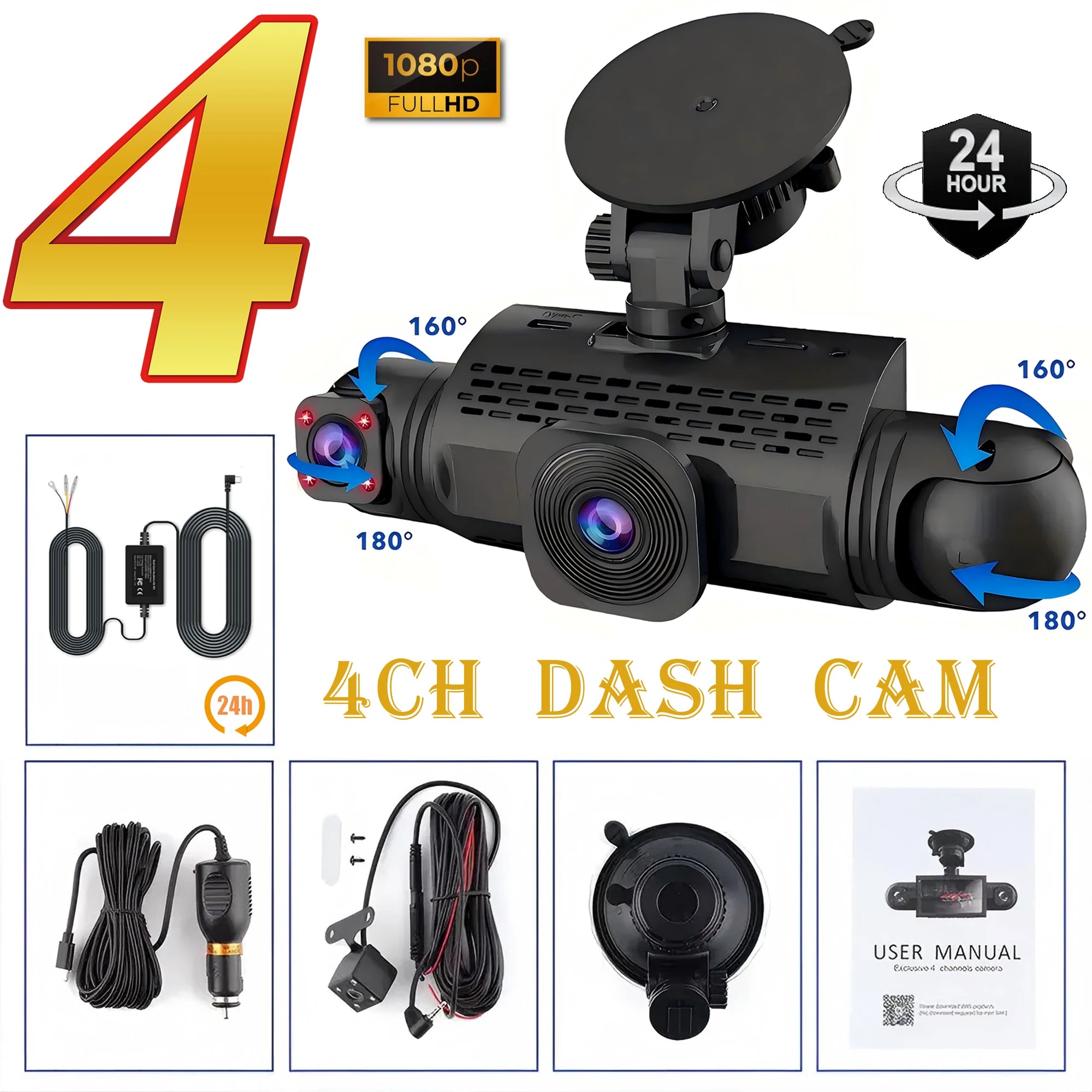 Car Dash Cam 4 Channel Black Box Driving Camera FHD 1080P Front Left Right Rear Night Vision Loop Recording add Hardwire kit by MVEnergo