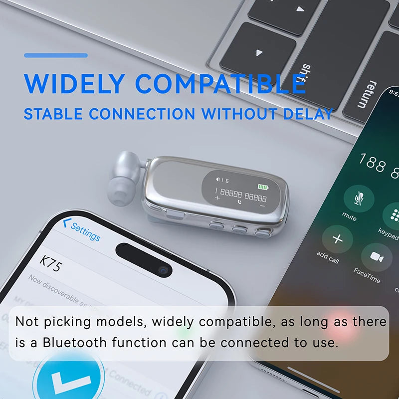 K75 Lavalier Business Bluetooth 5.4 Earphone Talk/Music 20H With Mic Noice Cancelling One-Click Photo LCD HIFI Wireless Headset by MVEnergo