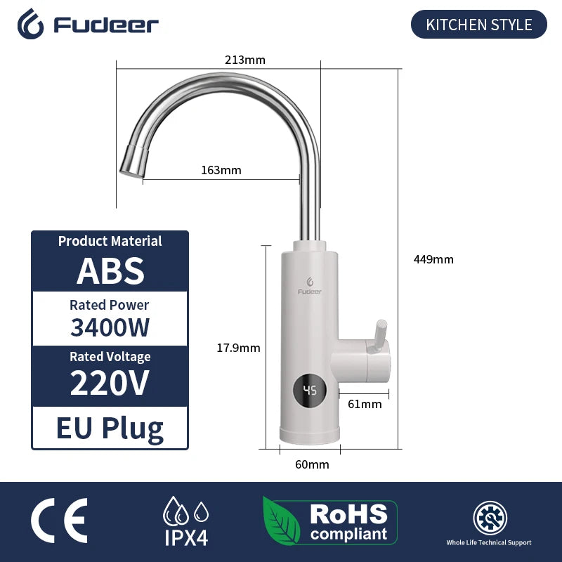 Fudeer 3400W 220V Electric Kitchen Water Heater Tap Instant Hot Stainless Steel Water Faucet Heater Cold Heating Faucet by MVEnergo