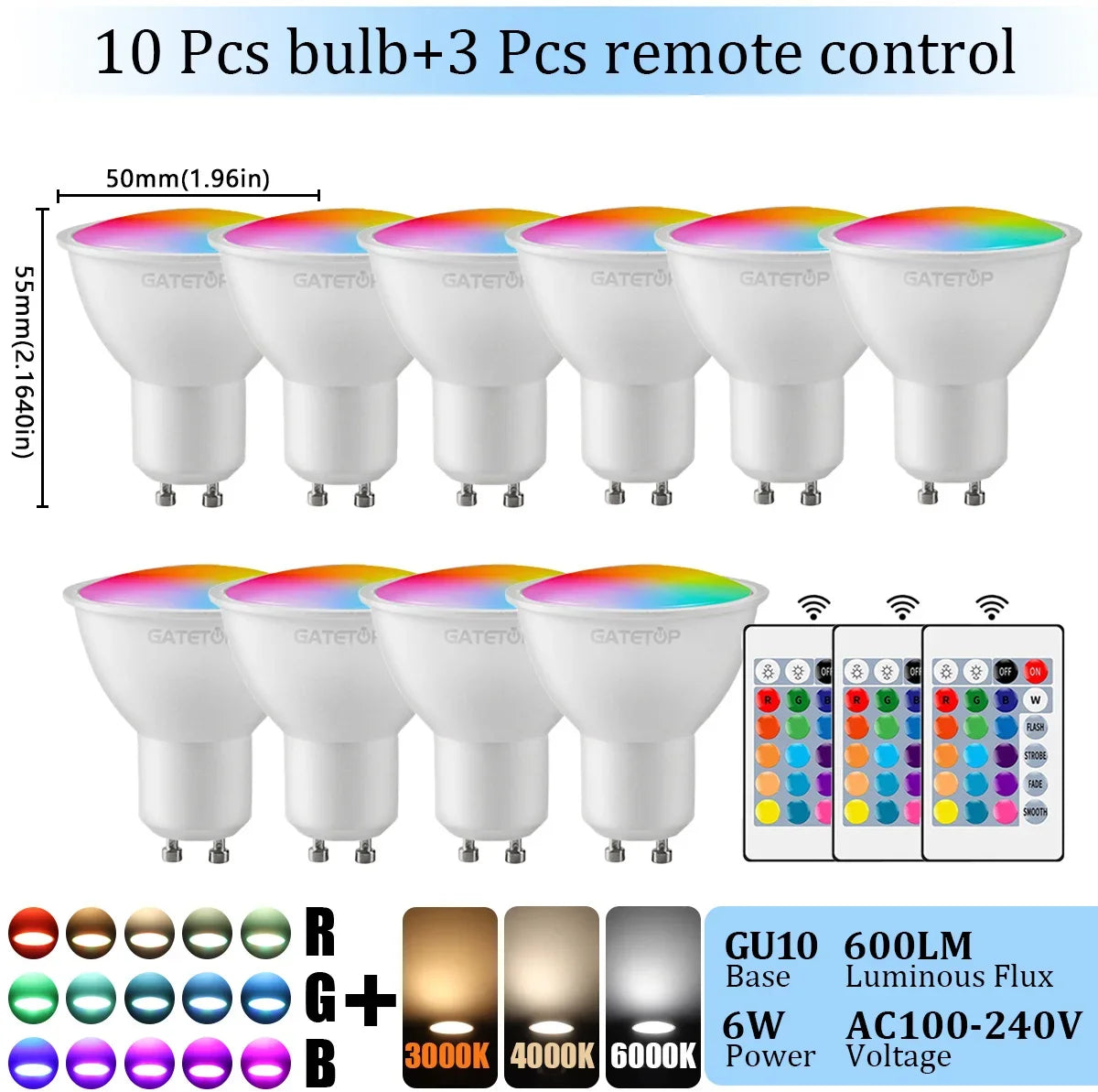 1-10PCS RGB GU10 LED Spotlight Bulb 24 Key Remote Control Dimmable 6W AC220V 110V Colorful Change for Bedroom Living Room Lamp by MVEnergo