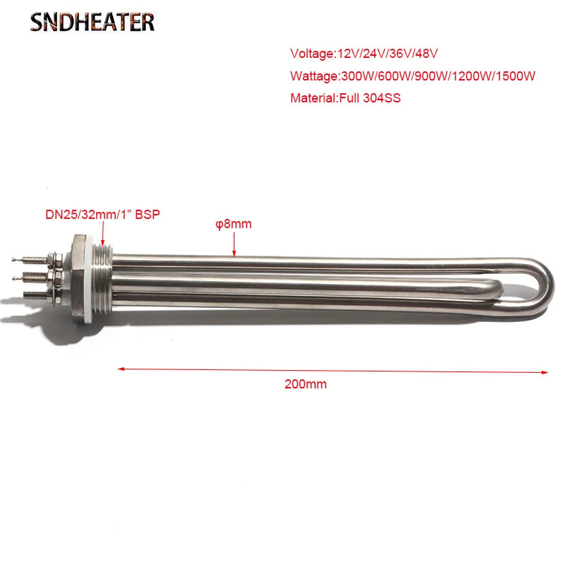 SNDHEATER 12V 24V 36V 48V Water Immersion Heater Low Voltage G1 1/4" DN25 1Inch Thread Induction Heating Tube 304SUS 300W-1.5KW by MVEnergo