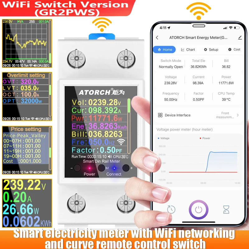 AC50-320V 100A Smart Electricity Meter Tuya WiFi Din Rail Power Energy Meter Digital Display Monitor Voltage Curve Ammeter by MVEnergo
