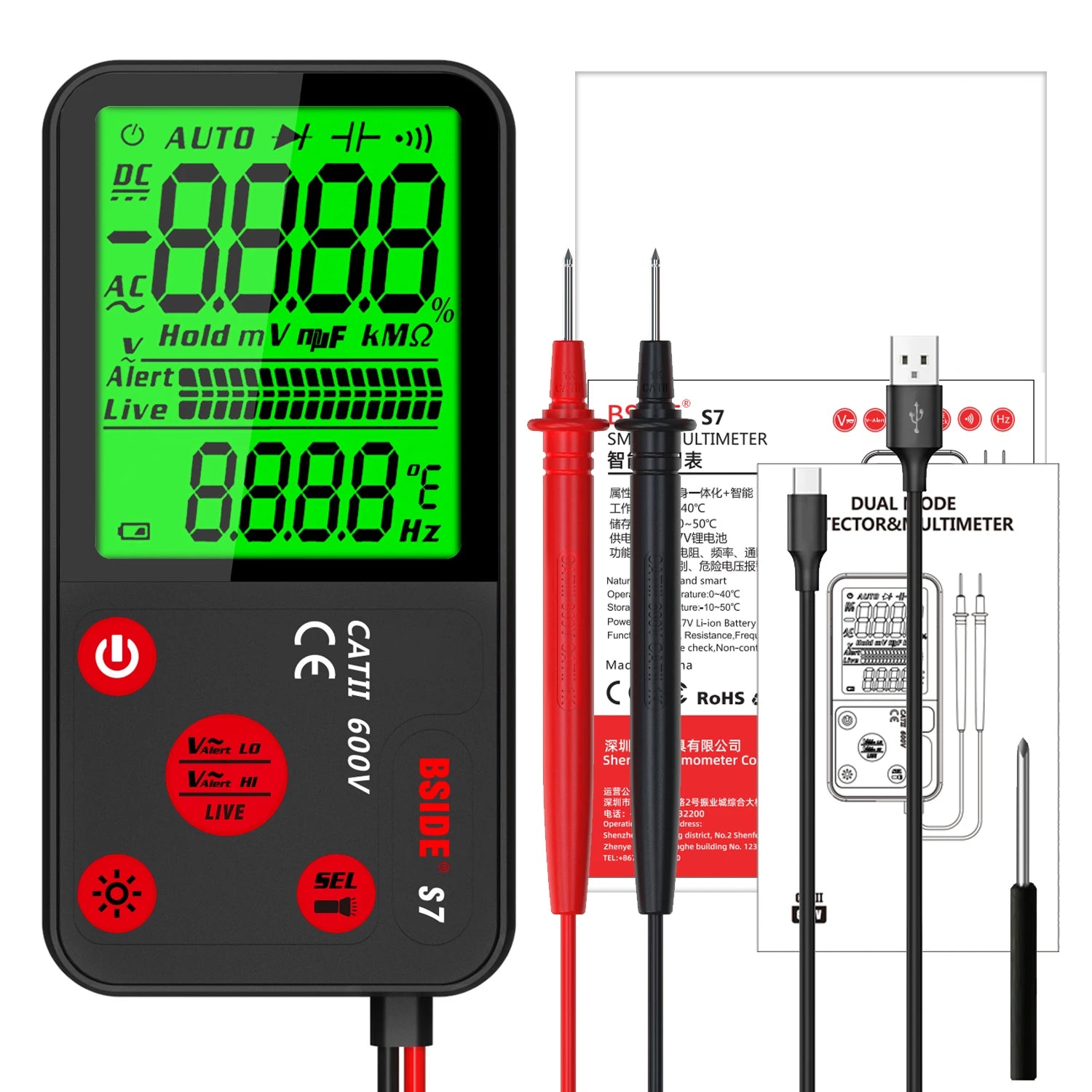 BSIDE Digital Multimeter Smart Multitister 9999 T-RMS DC AC Voltage Current 15V Diode Capacitor Ohm NCV USB Rechargeable Tester by MVEnergo