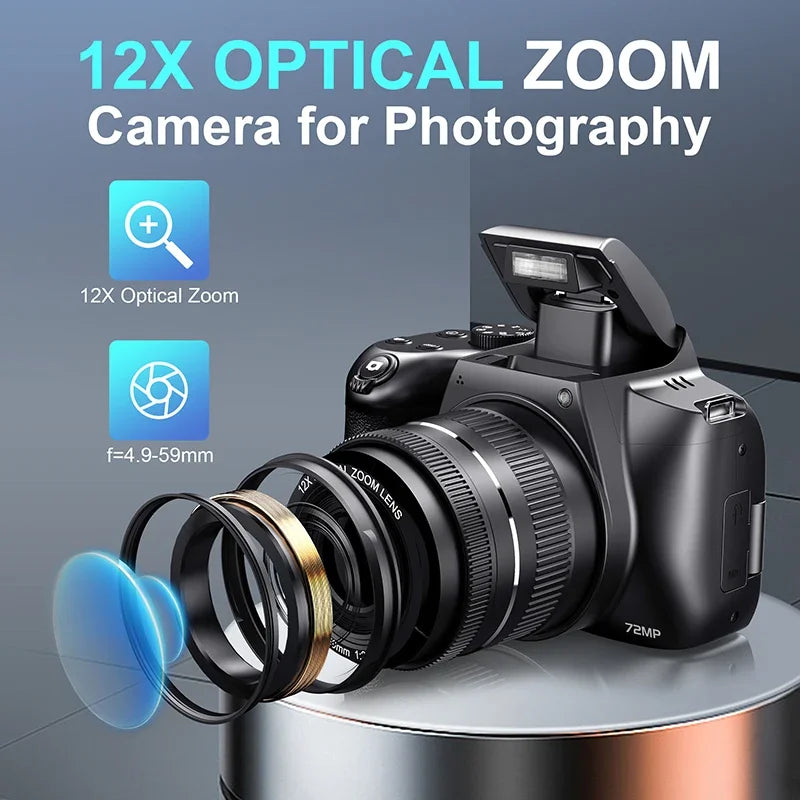 4K DSLR Digital Camera 3-Inch 72MP Photography Camera with 12X Optical Zoom 180° Flip Screen Autofocus for Ins YouTube Webcast by MVEnergo