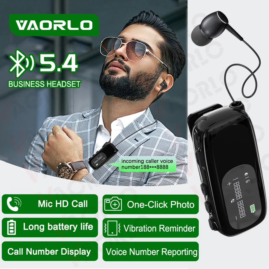 K75 Lavalier Business Headset Bluetooth 5.4 Bass Earphone HD Call Vibration Reminder+Voice Number Reporting Wireless Headphone by MVEnergo