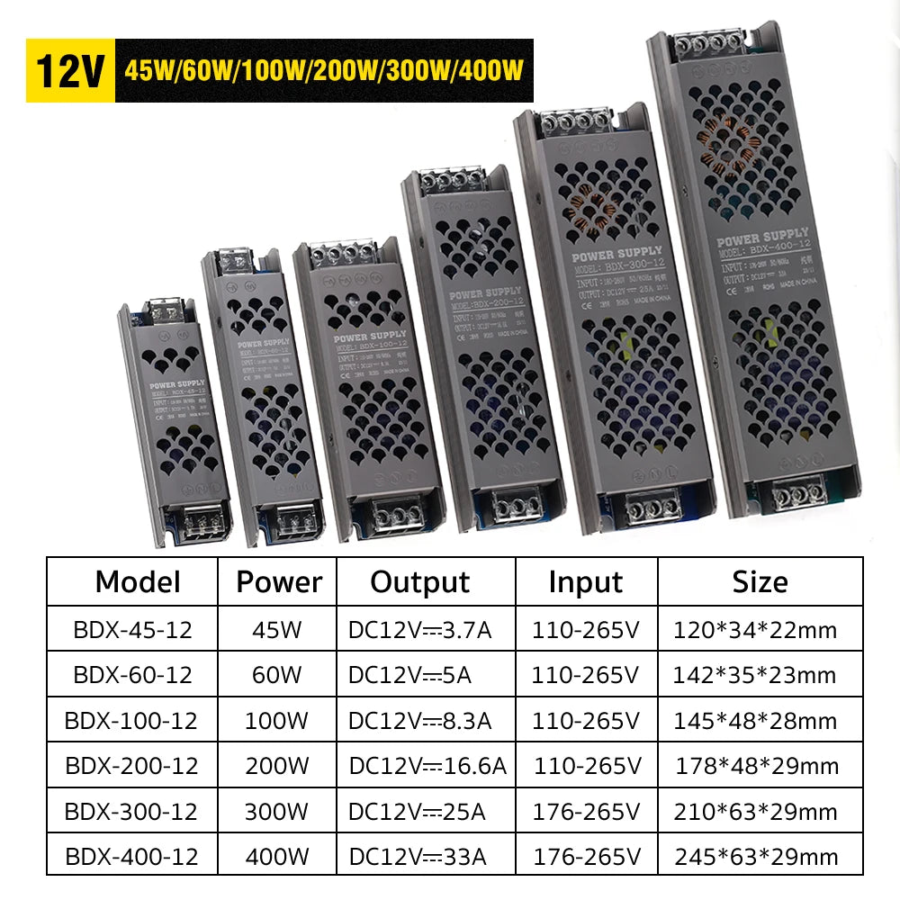 Ultra Thin LED Power Supply DC12V 24V 48V 45W 60W 100W 200W 300W 400W LED Lighting Transformers For LED Light Strip