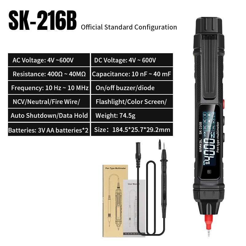 SK-216B Smart Pen-type Digital Multimeter Voltage Detector Auto Range Tester Ohm NCV Capacitance Frequency Measurement Tool by MVEnergo