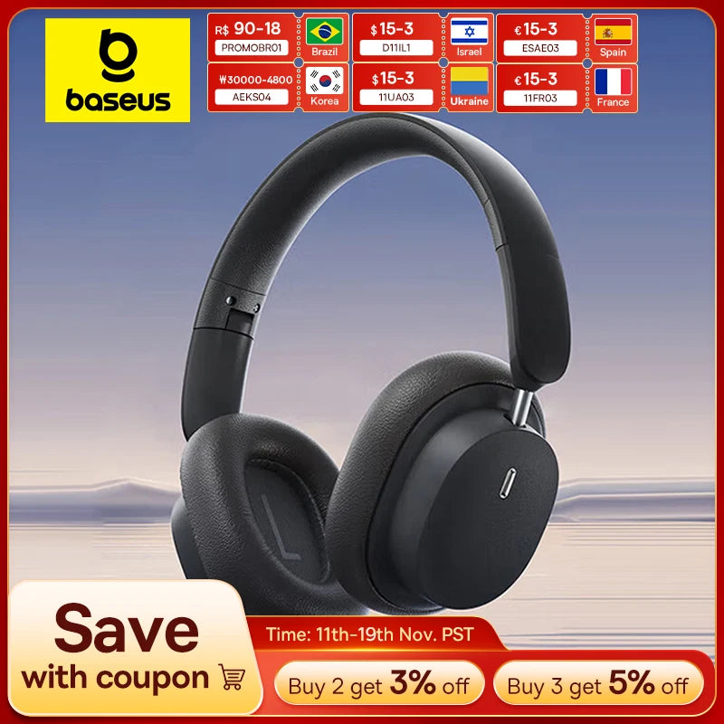 Baseus Wireless Headphones Bluetooth 5.3 HIFI Level Earphone 40mm Driver Foldable Over Ear Headsets 70H Playtime Spatial Audio by MVEnergo