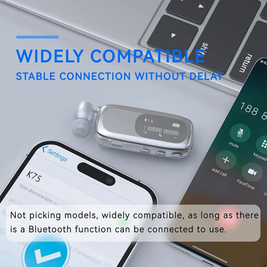 K75 Lavalier Business Headset Bluetooth 5.4 Bass Earphone HD Call Vibration Reminder+Voice Number Reporting Wireless Headphone by MVEnergo