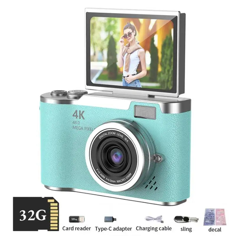 4K Digital Camera CCD 180° Flip Screen Selfie Camera 8X Digital Zoom 48MP Portable Digital Photography Camera with 32G Card by MVEnergo