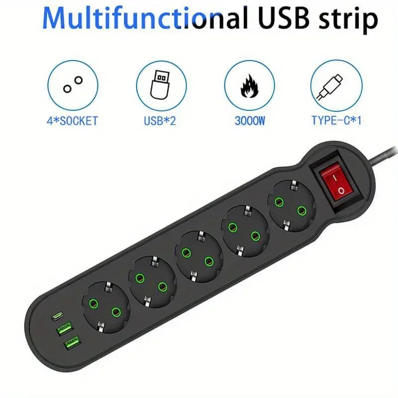 EU Plug Power Strip 2/3/4/5 Outlet Multitap Extension 10A with 2 USB 1 Type-C Ports 2m Cord Electrical Socket 2500W Fast Charge by MVEnergo