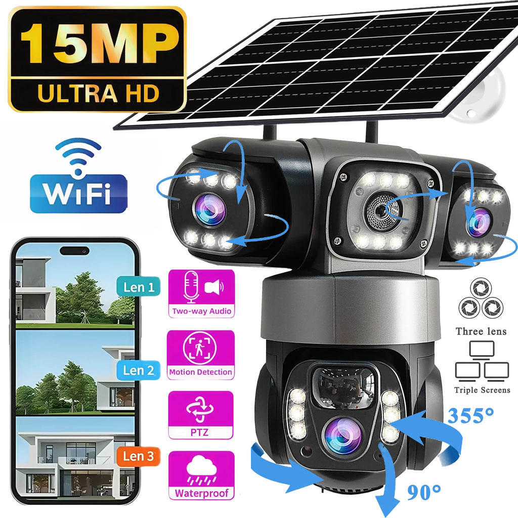 V380PRO 3 Lens WiFi Solar Camera HD 15MP 360 Outdoor Waterproof CCTV Night Vision Two-Way Audio Camera Mobile Tracking IP Camera by MVEnergo