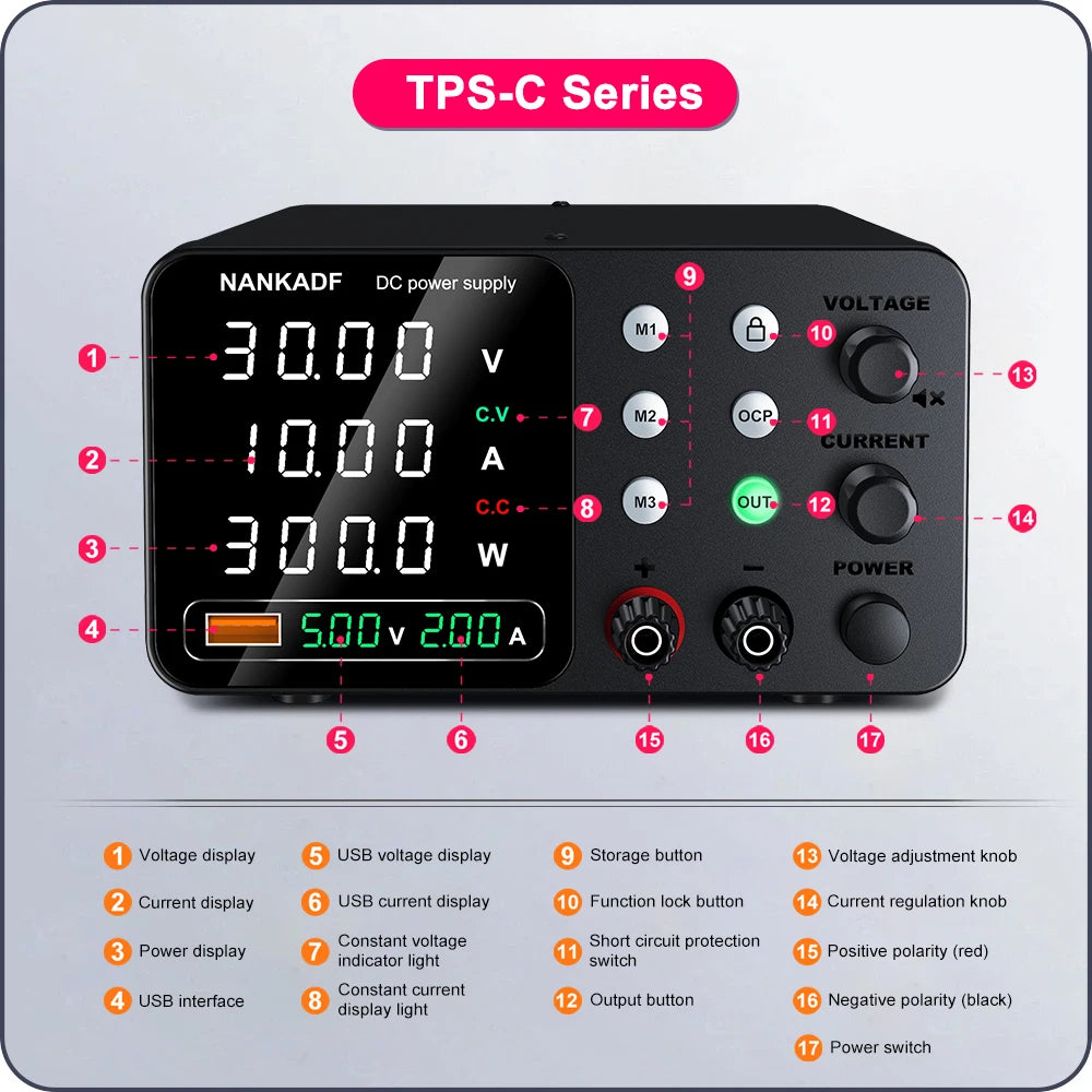 NANKADF Adjustable Switching DC Power Supply 30V 10A Lab Bench Power Supply 60V 5A Output Preset Current USB Fast Charge Display by MVEnergo
