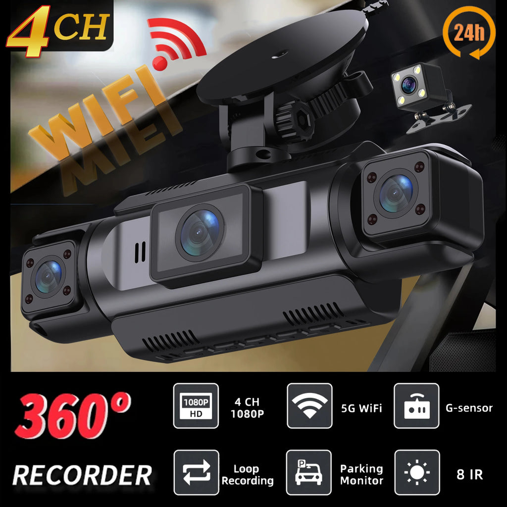4Ch WiFi Dashcam car camera Black Box Driving DVR FHD 1080P Front Left Right Rear Night Vision Loop Recording Hardwire kit by MVEnergo