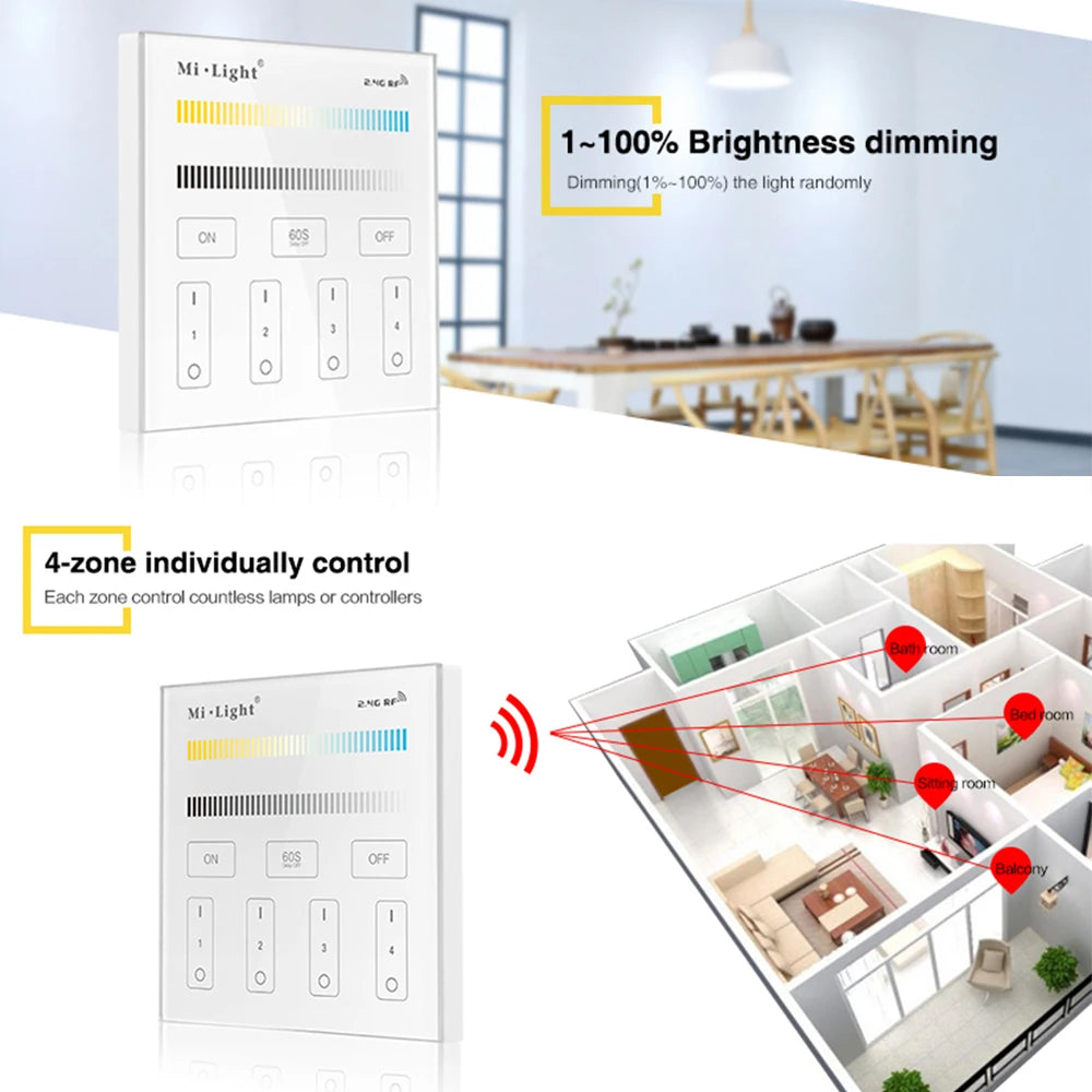 MiBoxer T2 AC100-240V 4-Zone 2.4GHz 86Touch Panel Remote Switch Color Temperature Brightness Controller  For LED Lamp/Strip/FCOB