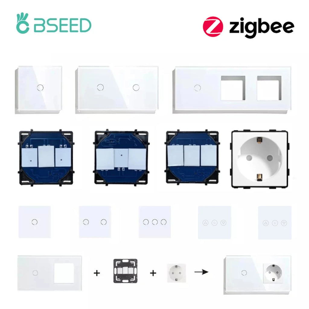 BSEED 1/2/3Gang Smart Zigbee Switches Function Part Touch Glass Front Panel EU Wall Socket Smart Plug DIY Parts Free Combination by MVEnergo