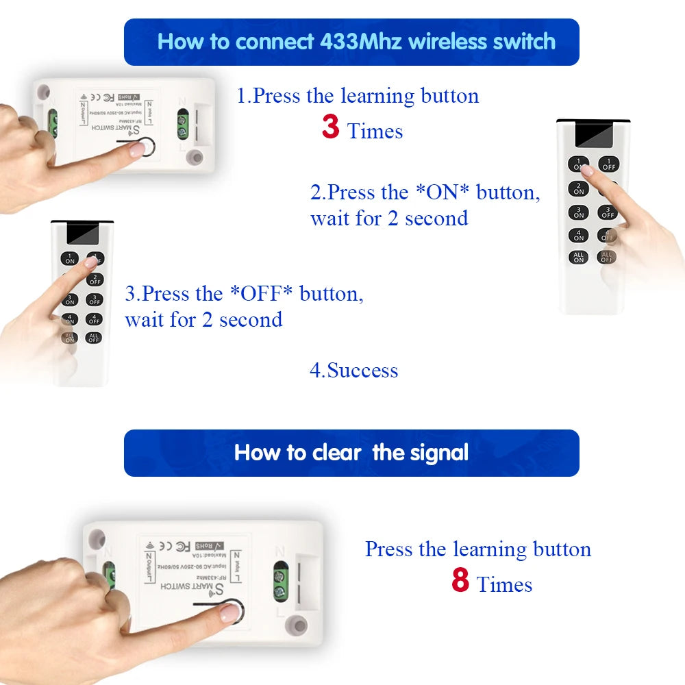 Wireless Light Switches RF 433 Mhz Remote on Off Switch Controller Relay Ac220v 10A Smart Home Control Ceiling Lamp LED Fan by MVEnergo