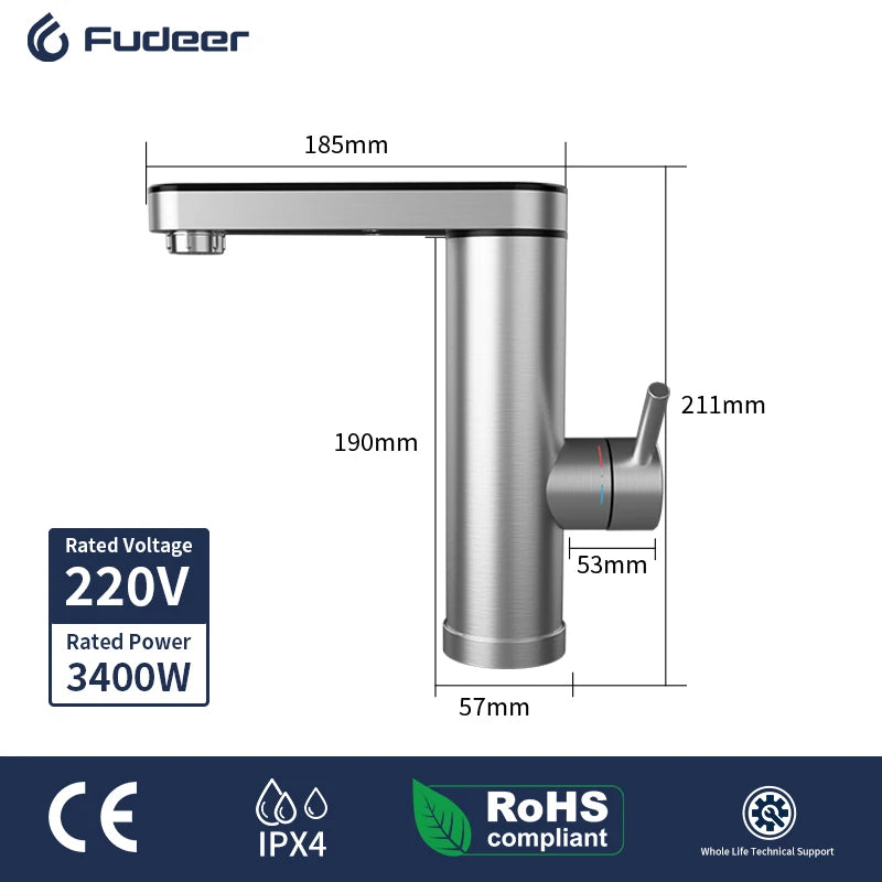 Fudeer 3400W 220V Electric Kitchen Water Heater Tap Instant Hot Stainless Steel Water Faucet Heater Cold Heating Faucet by MVEnergo