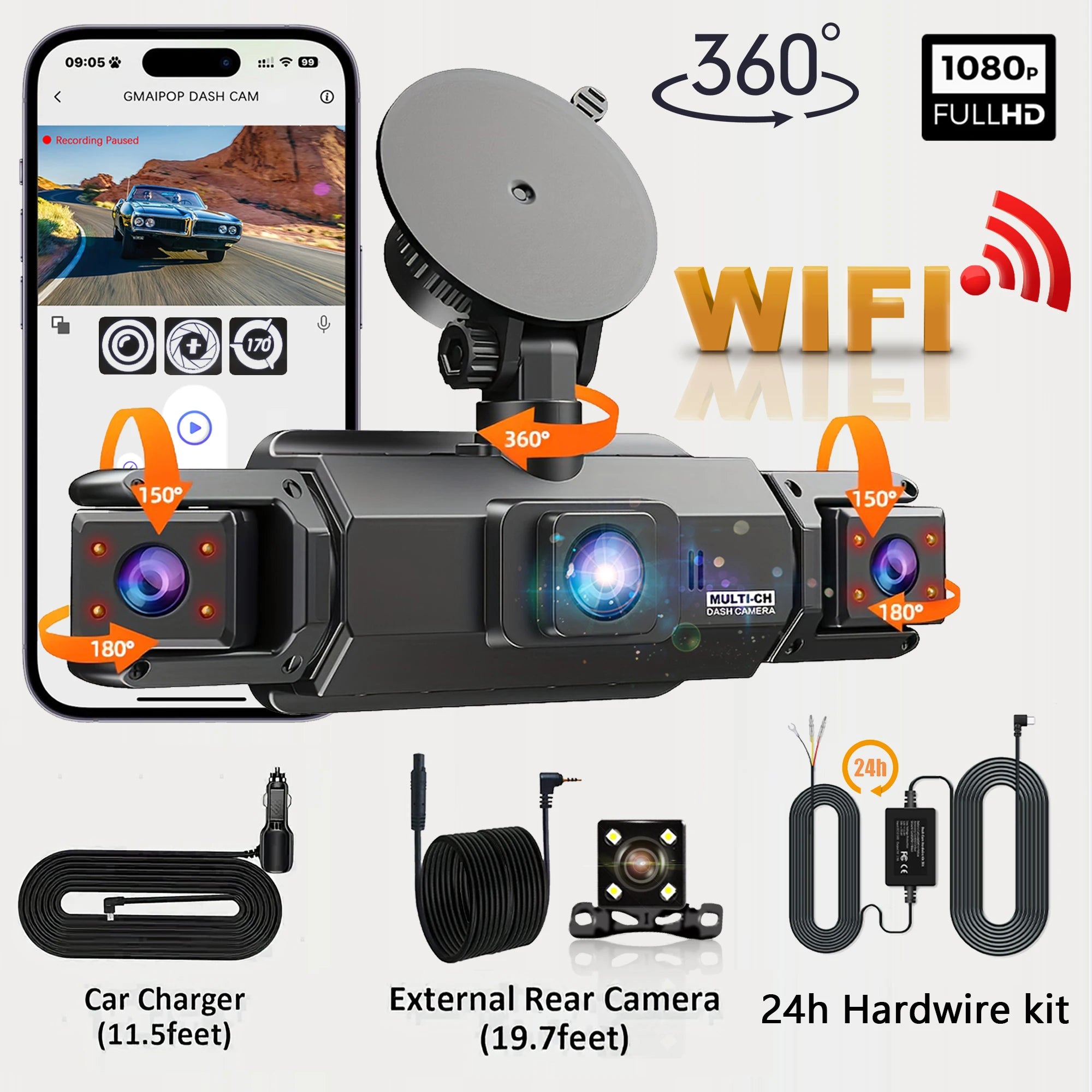 Dashcam for cars 4 Channel Black Box WiFi Driving Camera FHD 1080P Night Vision Loop Recording add Hardwire kit car accessories by MVEnergo