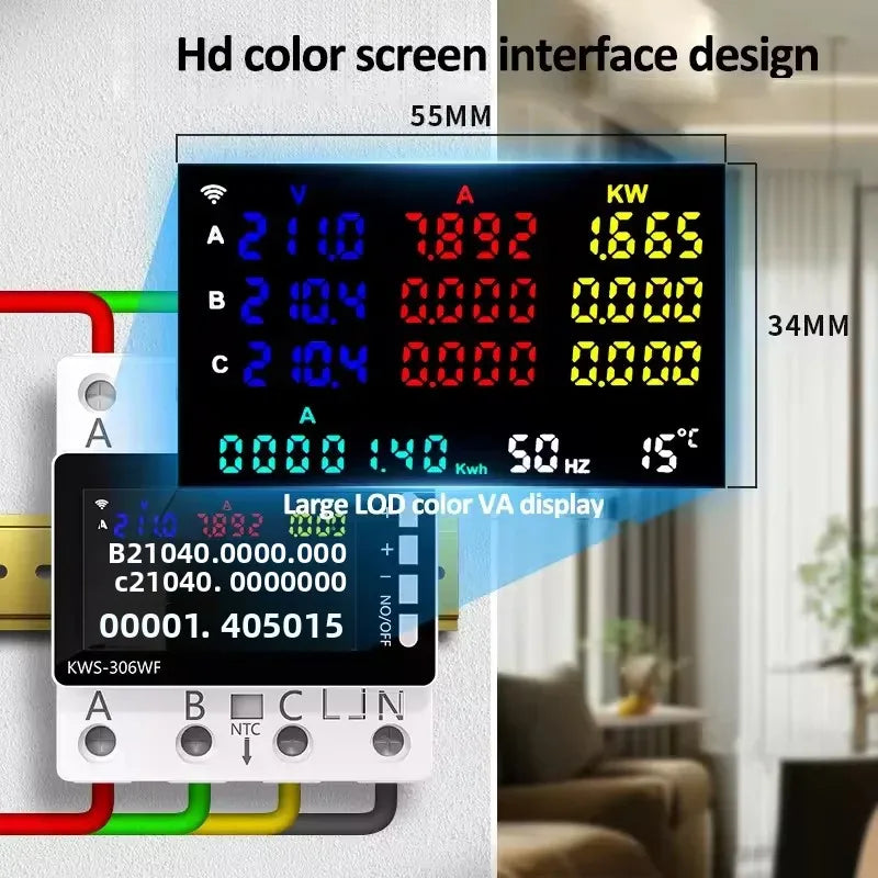 AC 85-290V/80A Energy Power Meter Color Screen 3-phase 4-wire Rail Meter Voltmeter 6 Power-off Protection Meter Remote Control