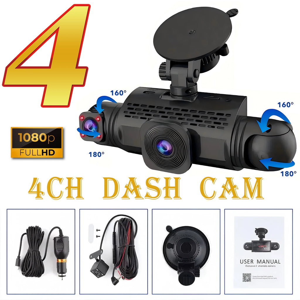 Car Dash Cam 4 Channel Black Box Driving Camera FHD 1080P Front Left Right Rear Night Vision Loop Recording add Hardwire kit by MVEnergo