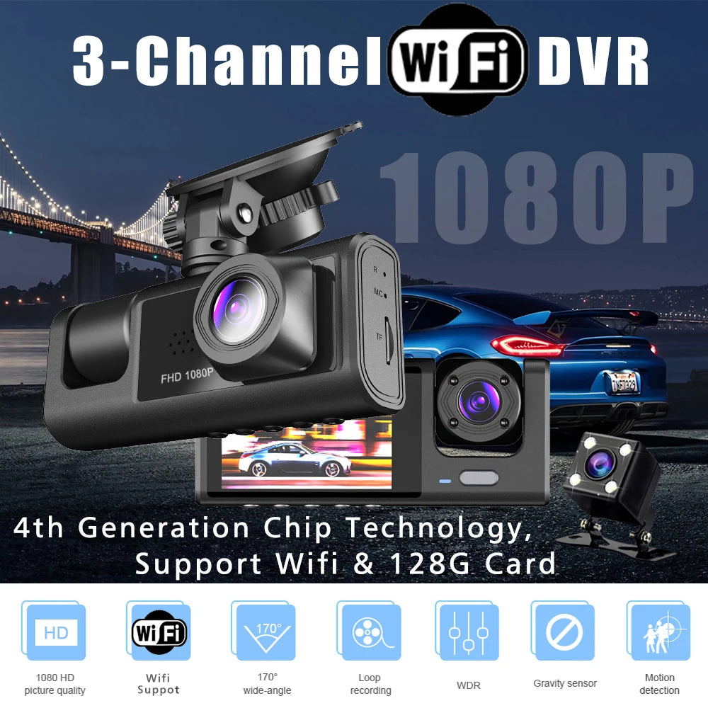 3 Camera WIFI Dash Cam Cabin Car Dvr 1080P Interior Vehicle Three Way Channel Dvrs Recorder Video Registrator Dashcam Camcorder by MVEnergo