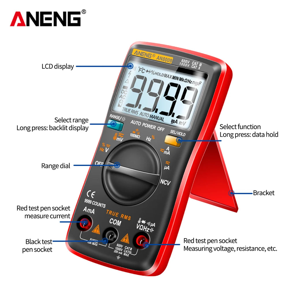 ANENG AN8009 Digital Multimeter Transistor Testers Capacitor True-RMS Tester Automotive Electrical Capacitance Meter Temp Diode by MVEnergo