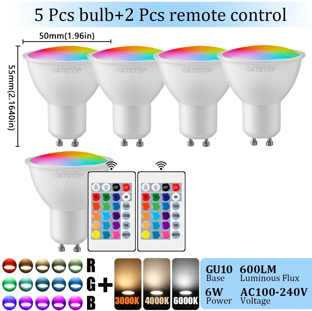 1-10PCS RGB GU10 LED Spotlight Bulb 24 Key Remote Control Dimmable 6W AC220V 110V Colorful Change for Bedroom Living Room Lamp by MVEnergo