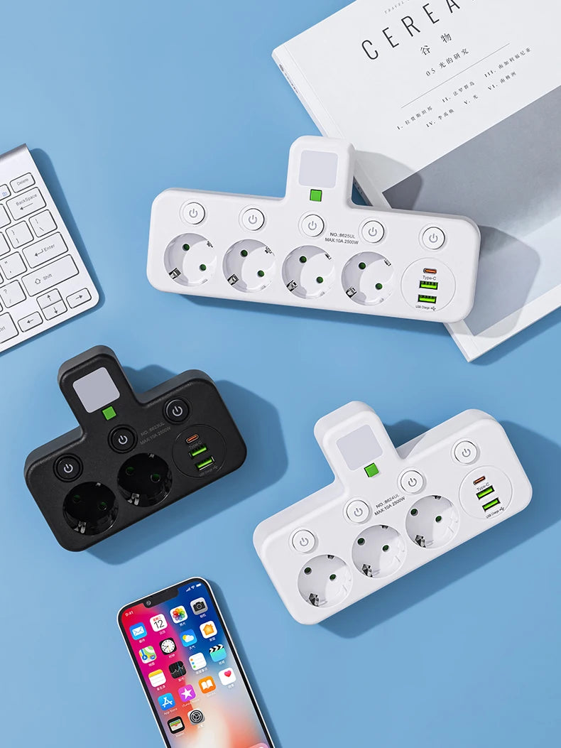 EU plug and socket 4 sockets, multi plug wall power plug and socket without extension cable or USB and Type-C port by MVEnergo