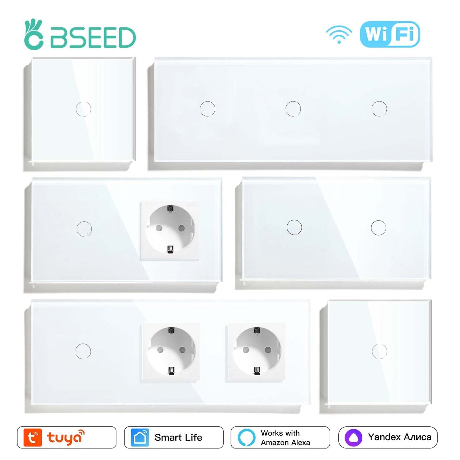 BSEED Wifi 1/2/3Gang Smart Touch Switches 1/2/3Way Wall Light Switches Tuya Smart Life App Control Plus Sockets EU Standard by MVEnergo