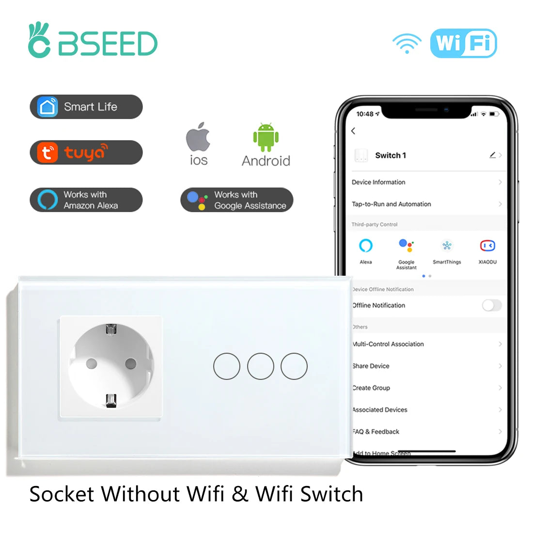 BSEED Wifi 1/2/3Gang Smart Touch Switches 1/2/3Way Wall Light Switches Tuya Smart Life App Control Plus Sockets EU Standard by MVEnergo