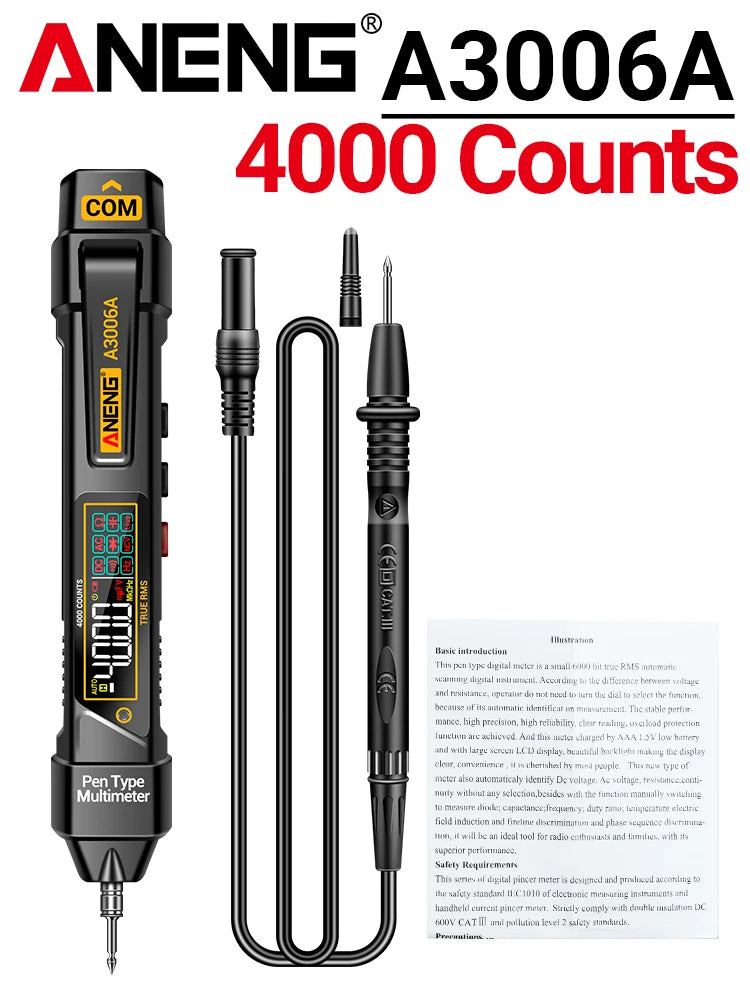 Smart Pen Multimeter NCV Voltage Tester 4000 Count ANENG A3006A Automotive Repair 600V AC/DC Electrician DIY Auto-Detection Tool by MVEnergo