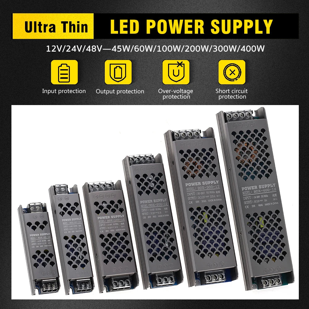 Ultra Thin LED Power Supply DC12V 24V 48V 45W 60W 100W 200W 300W 400W LED Lighting Transformers For LED Light Strip